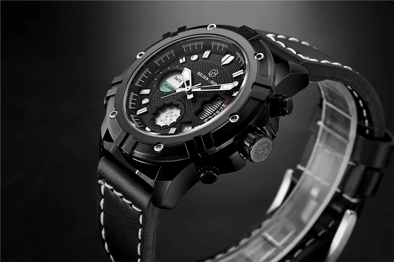 Golden Hours Quartz Dual Time Watch Men Date Week Alarm Multifunction