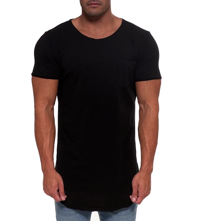 Wholesale Extended Black Pocket T Shirt Spandex Cotton Blank Scoop Neck ...