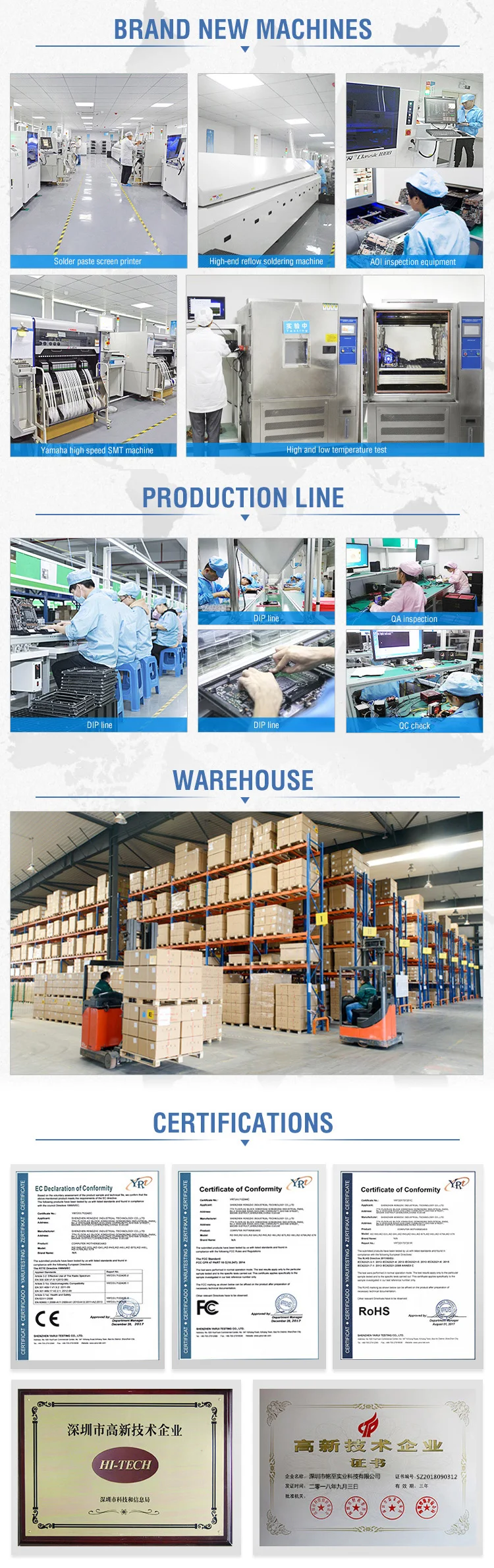 Our Equipment, Production lines, Warehouse & Certificates of motherboard