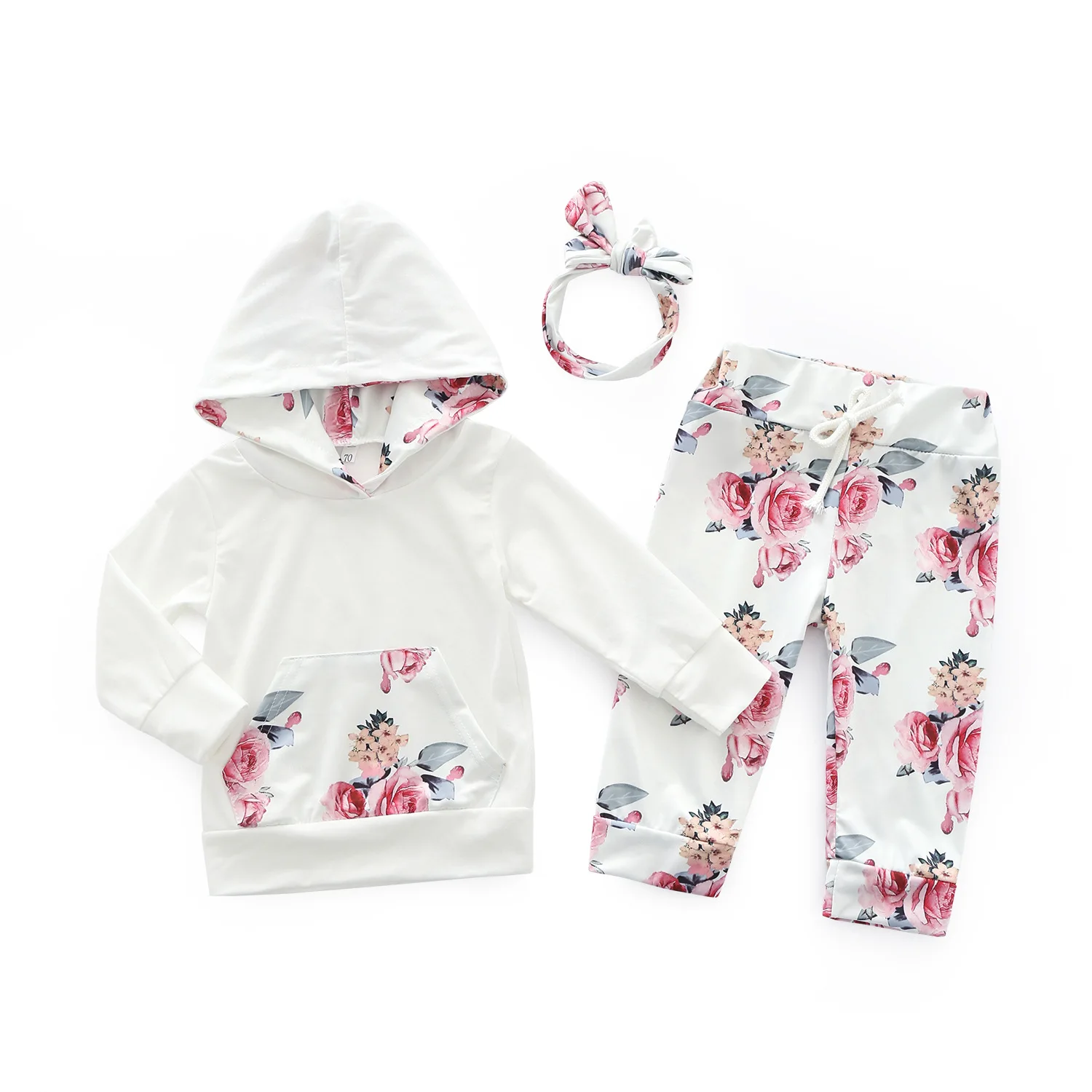 3PCS Baby Girls Tracksuit Clothes Floral Hooded Tops Long Pants Outfits Headband 