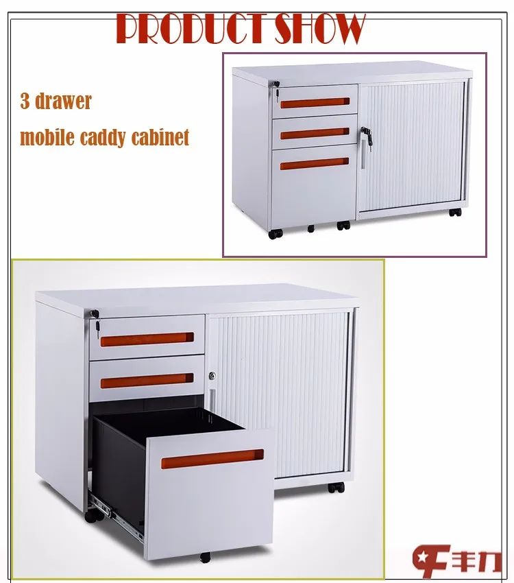 Plastic Roller Tambour Door Steel Office 3 Drawer Mobile Caddy