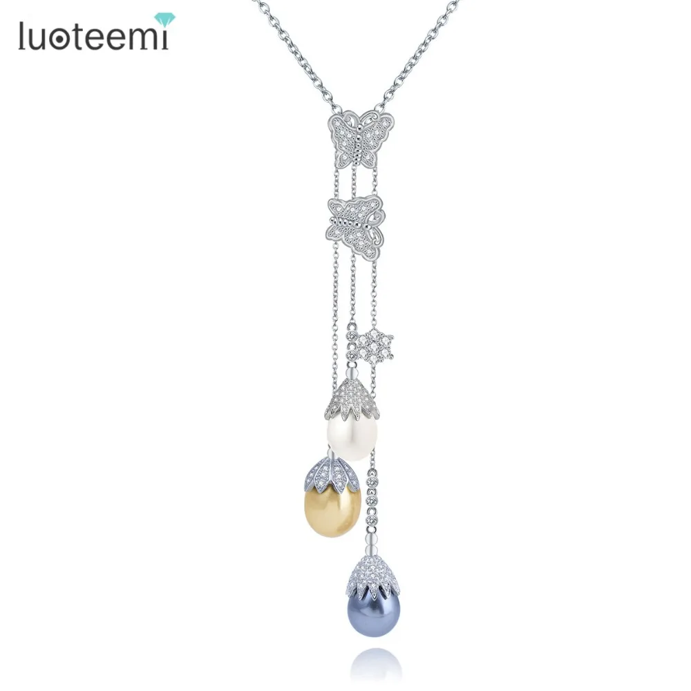 LUOTEEMI New Fashion CZ Crystal Butterfly With Multicolor Waterdrop Pearls Drop Tassel Long Chain Winter Sweater Necklace