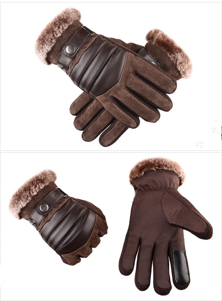 New real pigskin men winter leather touchscreen cycling wholesale fleece gloves