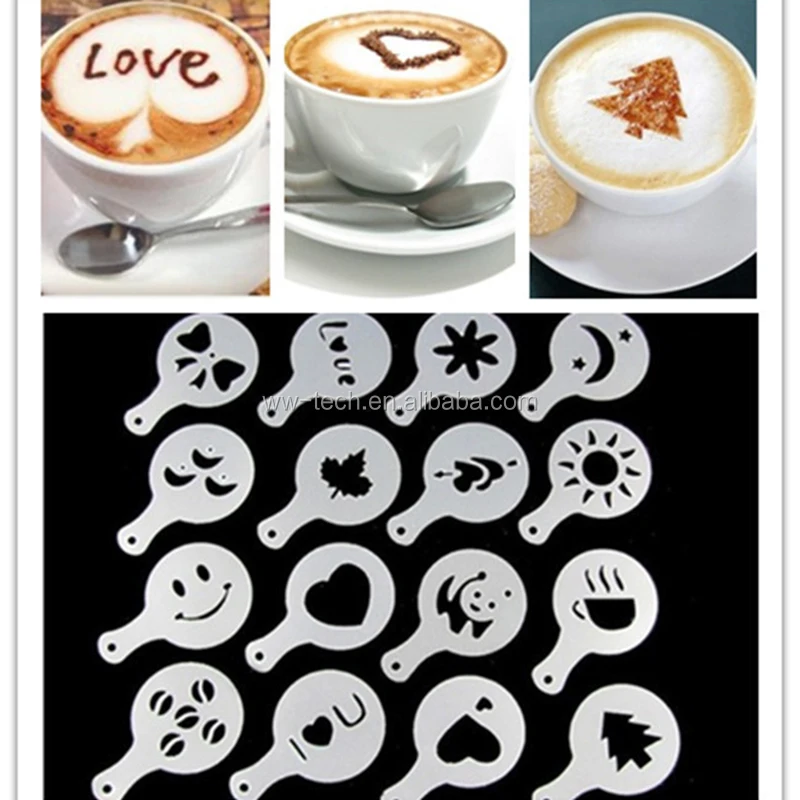 16 Latte Art Stencils Templates Cappuccino Coffee Foam DIY Decorating Tools Cake 