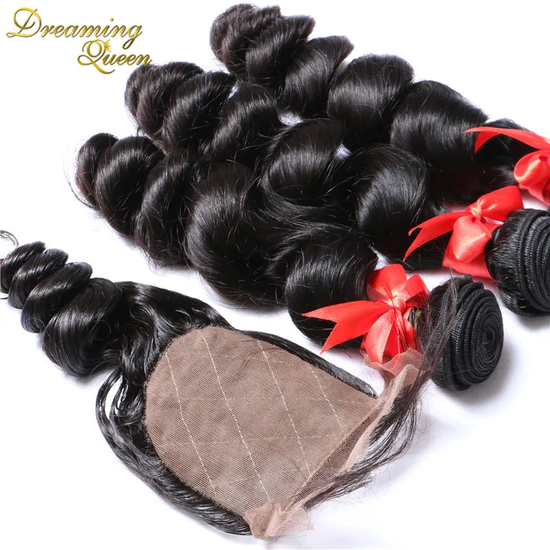 Silk Base Closure With Bundles Brazilian Virgin Hair With Closure Loose Wave 4 Pcs Dreaming Queen