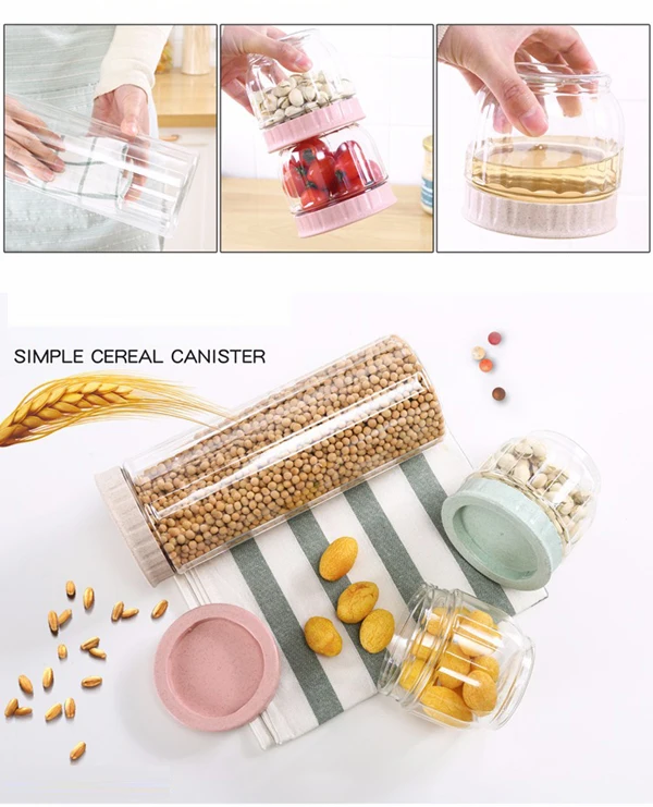 1L 34oz Empty Food Grade PET Plastic Containers Clear Sealed Round Stash Spice Jar with Lid for Kitchen Storage