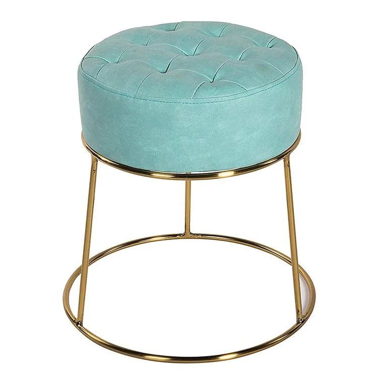 Pu Leather Small Footstool Ottoman Round Pouf Foot Stool With Golden