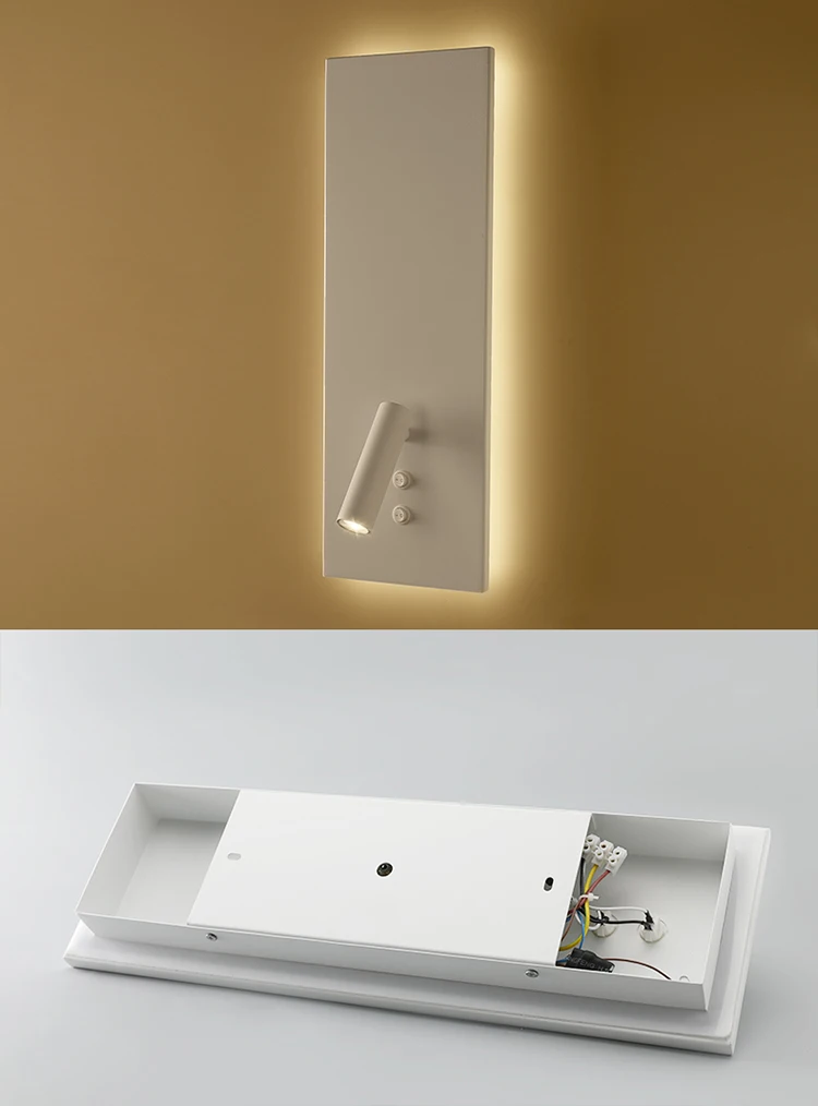 Modern bedroom adjustable rectangle aluminum bracket 3W LED reading wall light with switch