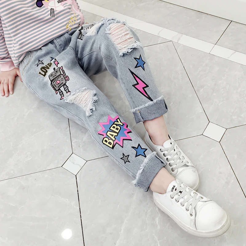 
Hot Sale Girls Spring Fashionable Cartoon Printed Kids Loose Elastic Waist Jeans Pants 