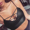 2016 Summer New Fashion Women Sexy Bustier Crop Top Tank PU Leather Camisole Straps Tight Bandage