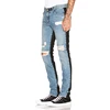OEM custom new fashion mens denim and leather Contrast Fabric jeans Distressed man jean