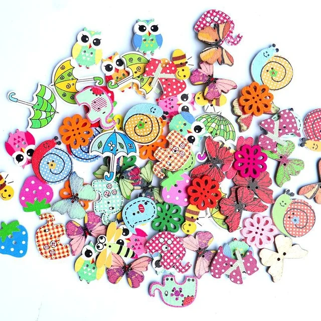 Mixed Cartoon Animal 2 Holes Wooden Buttons Sewing Clothing DIY Craft