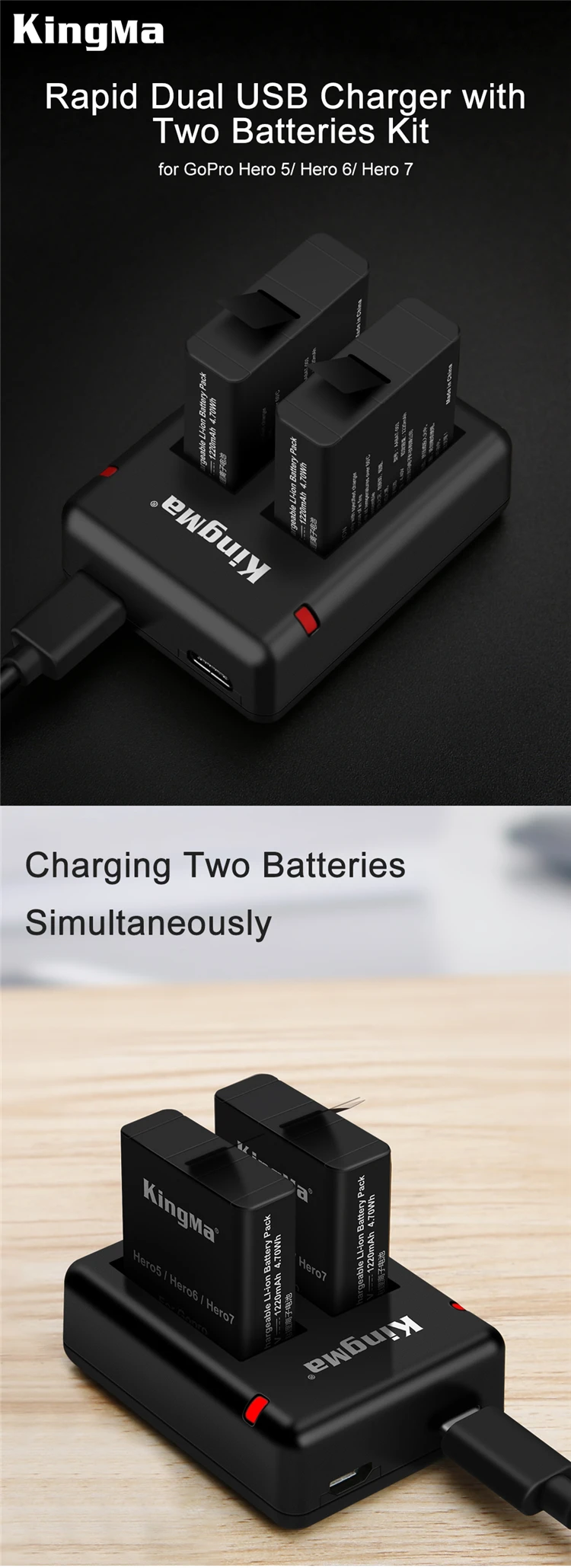 Kingma Lithium Có Thể Sạc Lại Pin AABAT-001 (2 Gói) với Di Động Kép Micro USB Sạc Đối Với GoPro Anh Hùng 8/7/6/5 Máy Ảnh