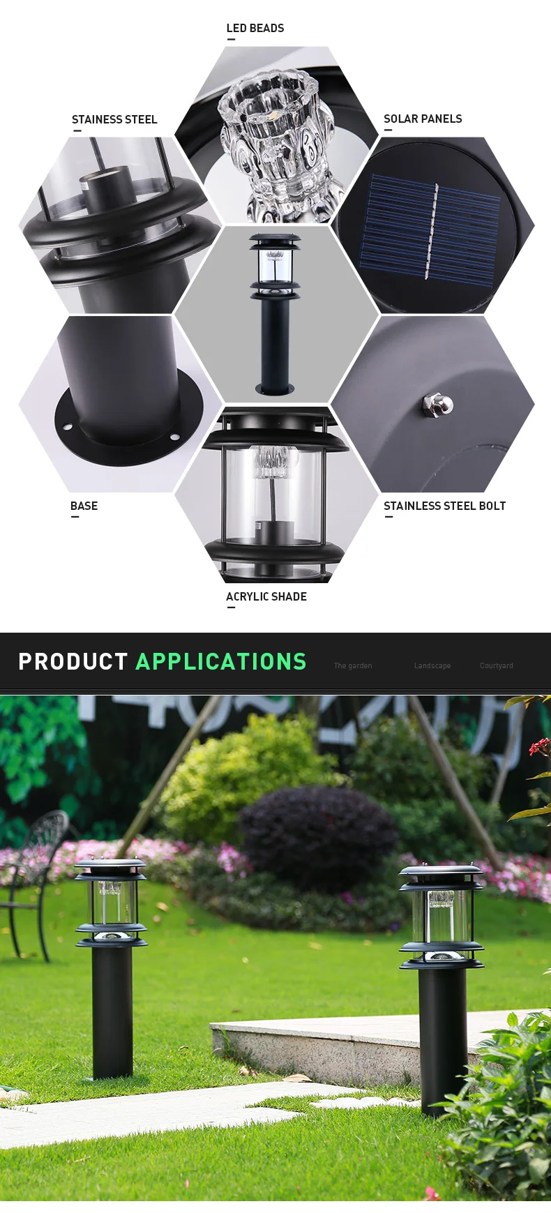 30CM 60CM 80CM Iron Lamp Body Material and IP55 IP Rating Outdoor Solar Garden Bollard light for Path Landscape