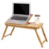 Multi Function Breakfast Table,Laptop Tray for Bed,Foldable Lapdesk with Adjustable Leg Storage Drawer Natural Bamboo Wood