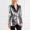Latest Ladies Fashion Style Long Sleeve black Collar Blazer dress formal ice lady Clubwear metal silver sequin jacket coat