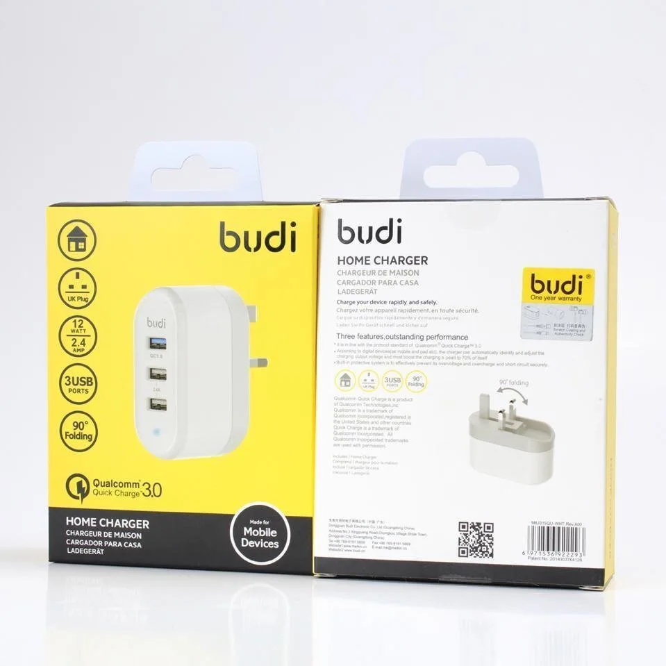 New product  budi qualcomm quick charge 3.0 travel adapter 3 usb wall charger for phone devices with UK plug