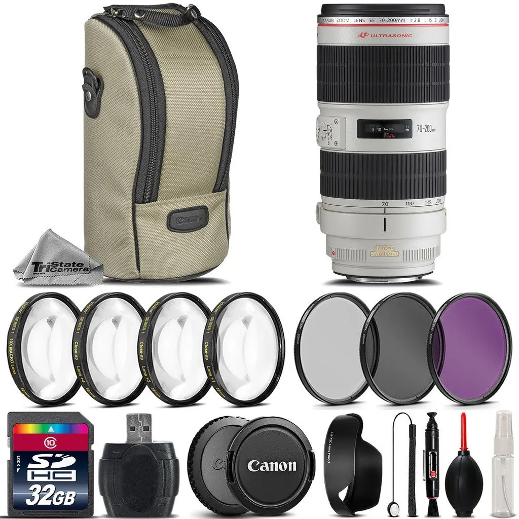 Canon EF 70-200mm f/2.8L IS II USM Lens + 4PC Macro Kit + UV-CPL-FLD Filters + 32GB Class 10 High-Speed Memory Card + Card Reader + Lens Cap Holder - International Version