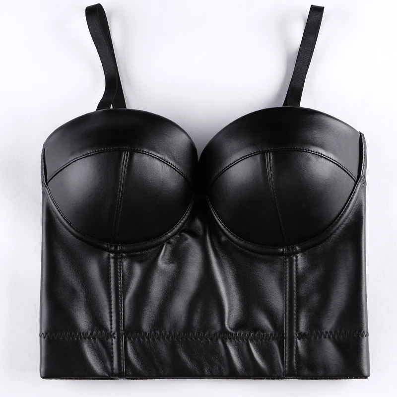 Plus Size Black Faux Leather Push Up Bras Steel Lenceria Fajas