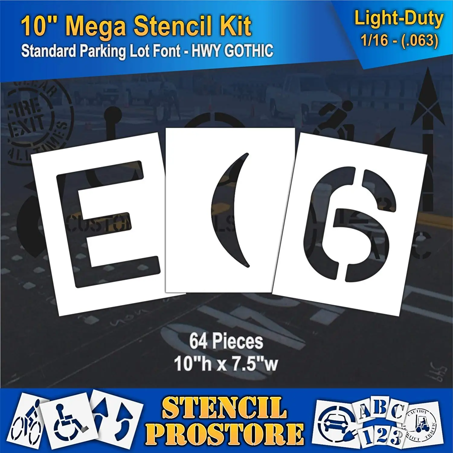 Pavement Stencils -10 inch MEGA ALPHA/NUM SET - (64 Piece) - 10" x 7.5" x 1/16" (63 mil) - Light-Duty