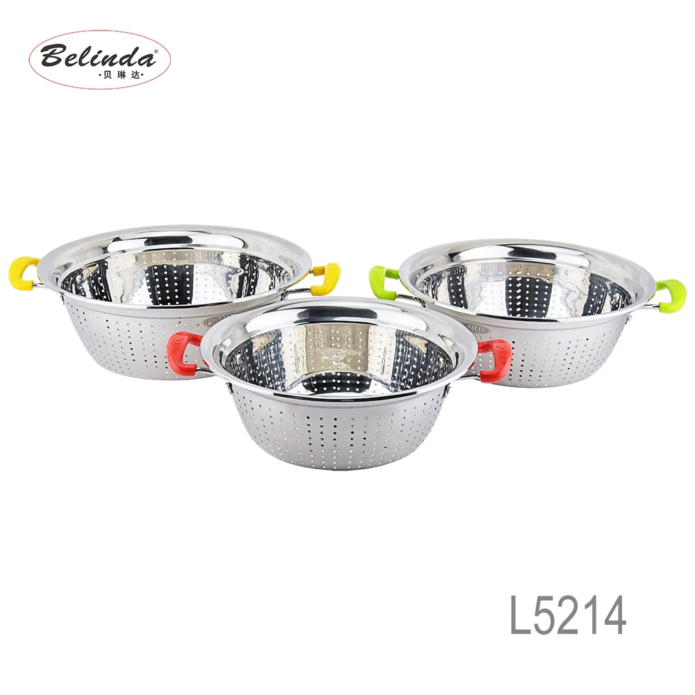 Kitchen Metal Stainless Steel Rice Strainer With Colorful Plastic