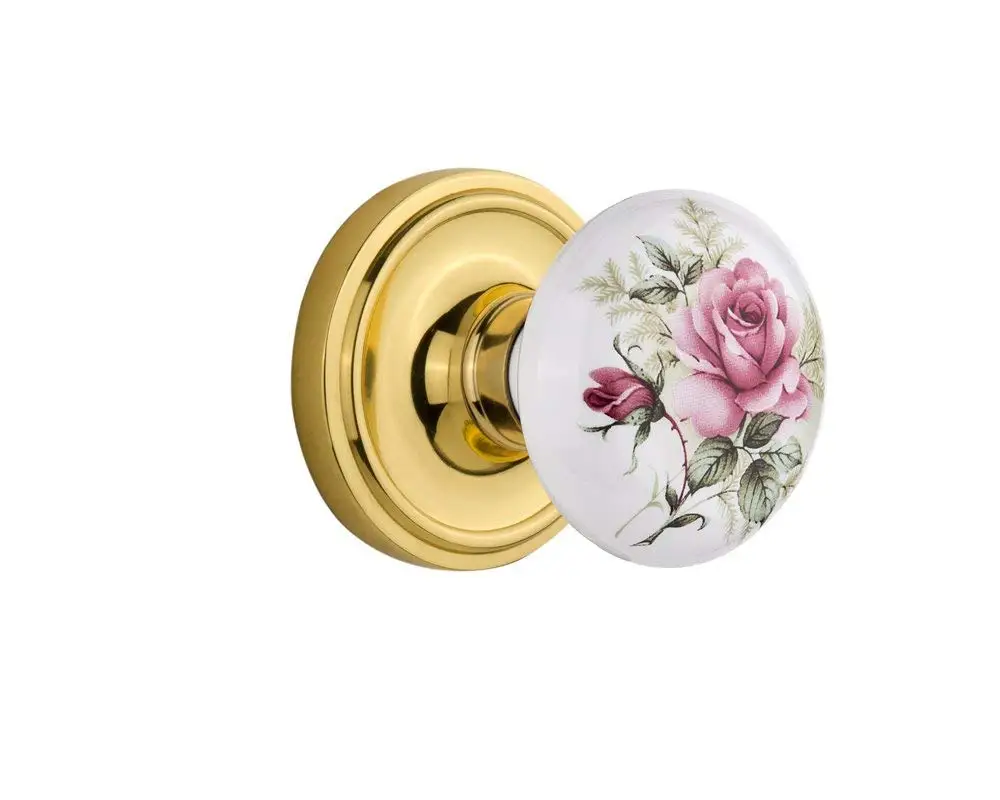 Nostalgic Warehouse Classic Rosette with Rose Porcelain Door Knob, Passage - 2.75", Polished Brass