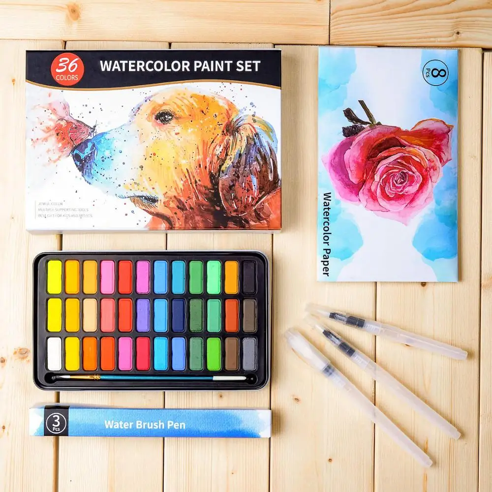 
Amazon hot selling 36 Assorted Solid Watercolor cake Painting Kit with Metal Case,Water Brush,Paint Brush and Watercolor Paper 