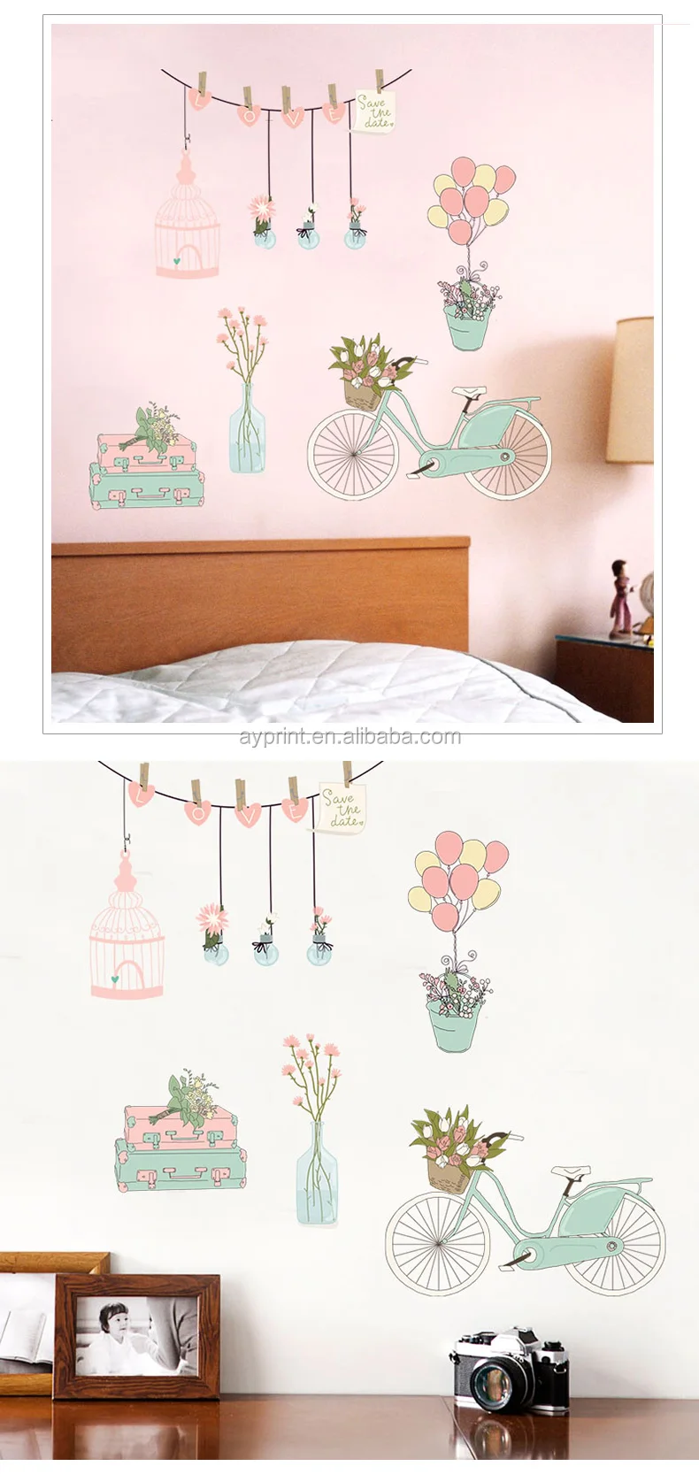 Sk7159 Bike Birdcage Decorative Wall Sticker Nursery Colored Drawing Cute Girl Wall Decal Buy Girl Wall Decal Cute Girl Wall Decal Colored Drawing