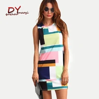 2017 summer new fashion women geometry printed dresses O-neck sleeveless dress casual slim mini dress