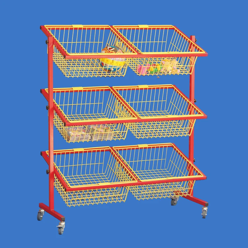 Angle Adjustable Rolling 3 Tiers Fixture Metal Wire Basket Storage Rack Bulk Goods Retail Store