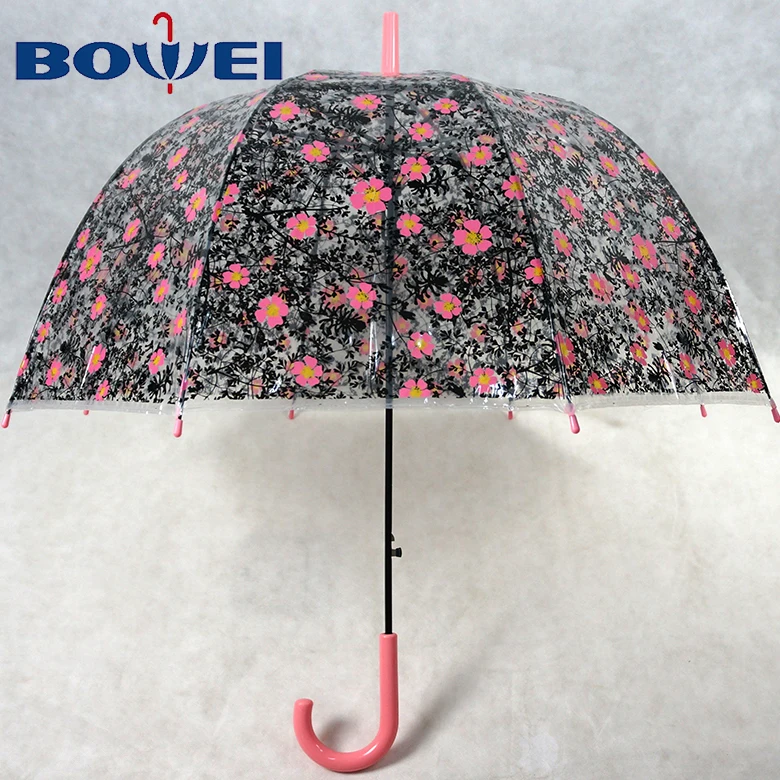 China wholesale apollo poe flower print transparent clear dome shaped umbrella