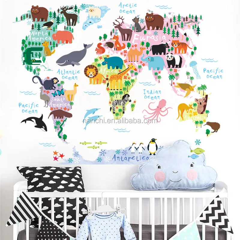 Autocollant Mural De La Carte Du Monde Des Animaux En Dessin Anime Papier Peint Artistique Pour Chambre A Coucher D Enfants Salon Pepiniere Buy Autocollant De Mur D Art De Carte Du Monde Papier Peint De Bande Dessinee Papier