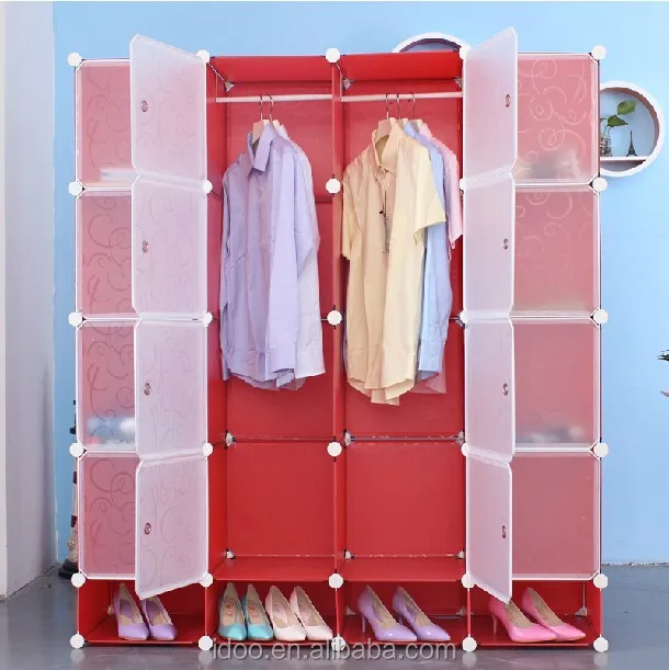 Portable Clothes Cupboard Free Standing 16 Big Cubes Red Color