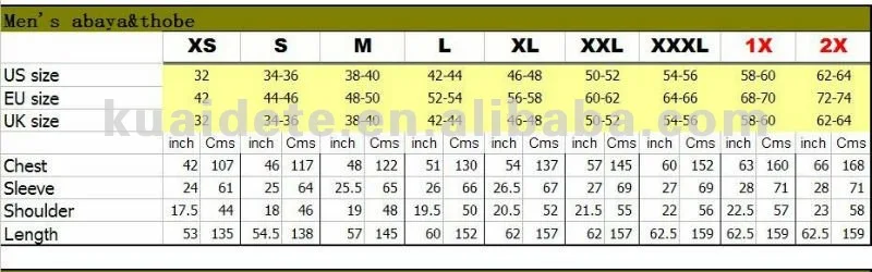 Arabic Size Chart