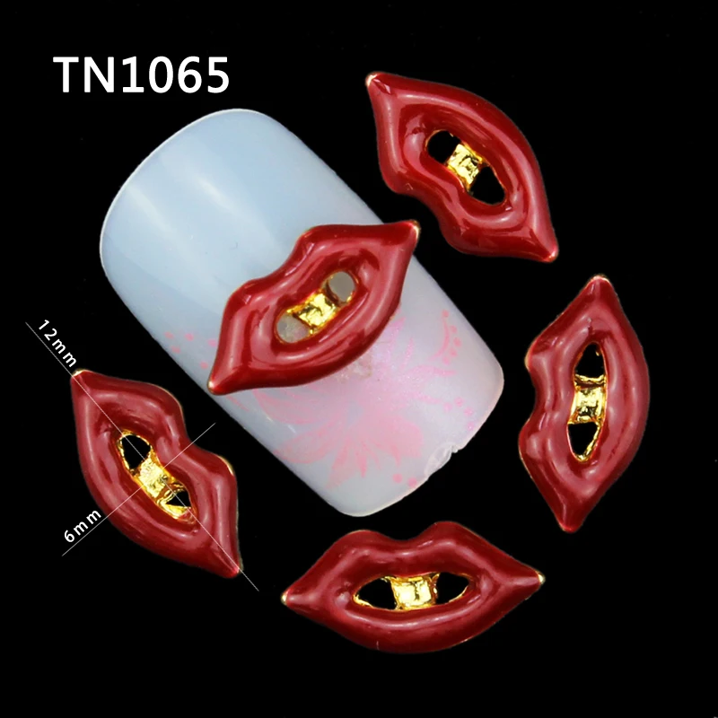 10 Pcs Glitter Gold Red Lips 3D Rhinestones For Nail Art Decorations On Gel Polish DIY