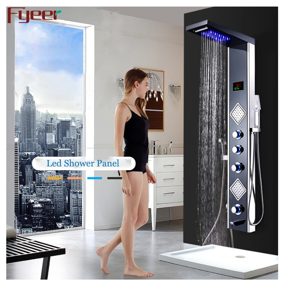 Fyeer Rainfall Digital Black Shower Column Stainless Steel Massage