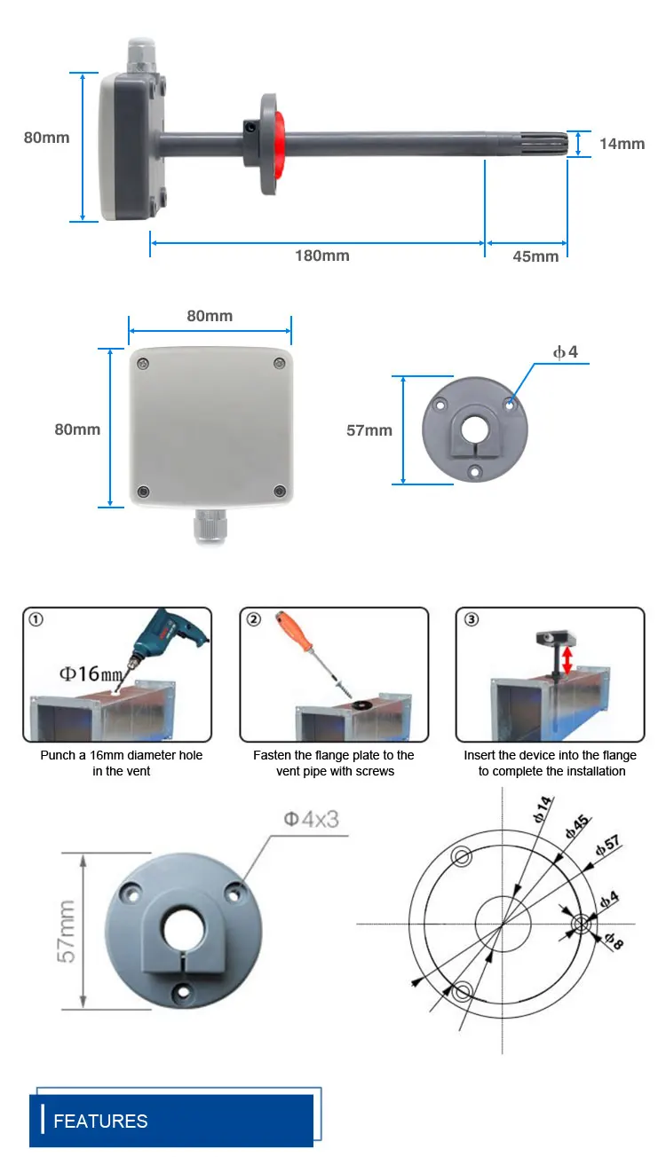 Analog 0-5V 0 10v 0-10V 4-20ma duct humidity temperature sensor for container ventilation