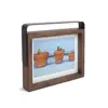 Pivoting metal handle and aged walnut frame wall wood decor