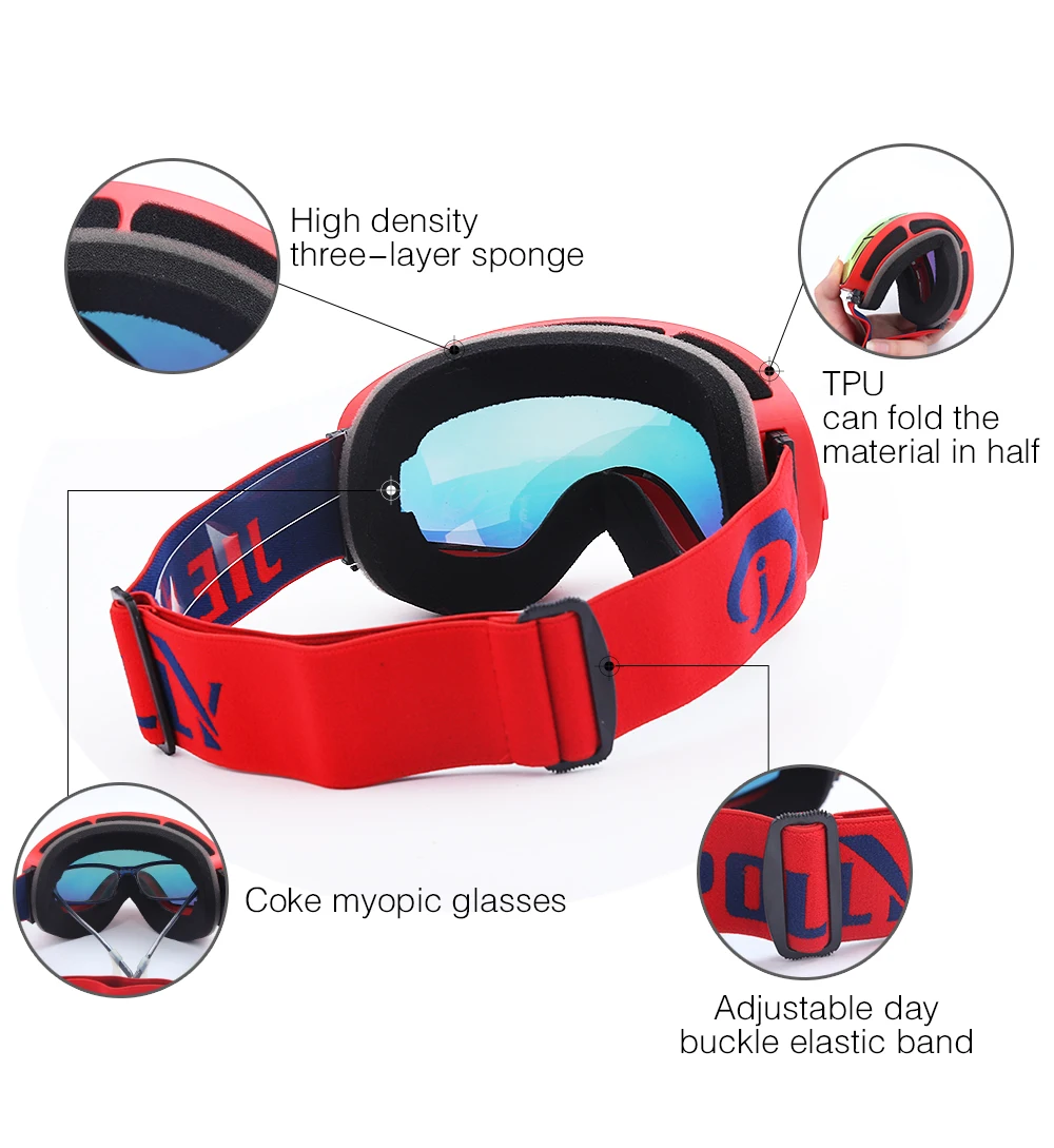 Hot selling sport glasses ski goggles elastic strap replacement lenses ski goggles uv protection anti fog resistant