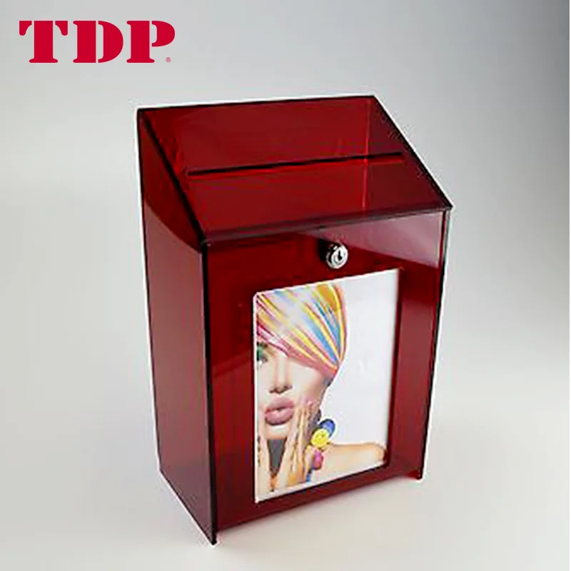 Wall Mounted Clear Red Acrylic Donation Box With Hinge And Lock