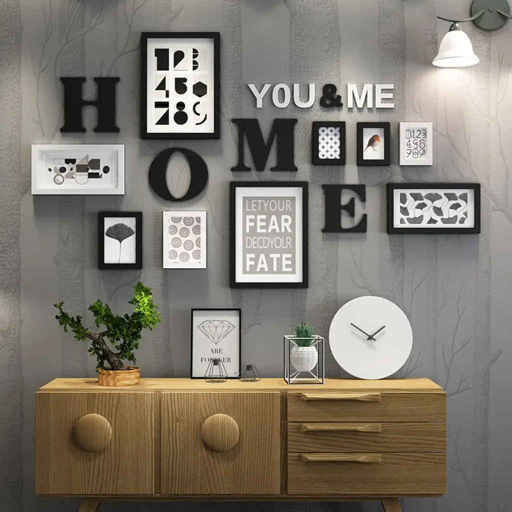 color : Black and White Photo Frame Collage Solid Wood Combination Living Room Photo Frame Wall Creative Restaurant Background Wall Decoration