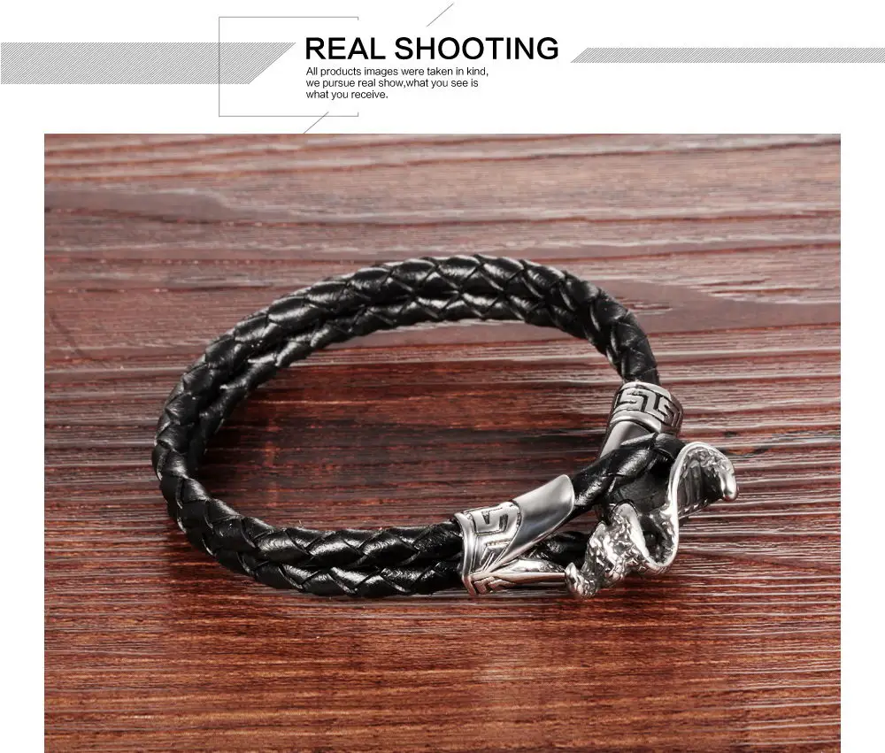Wholesale Punk Style Men Double Braided Black Leather Snake Head Bracelet
