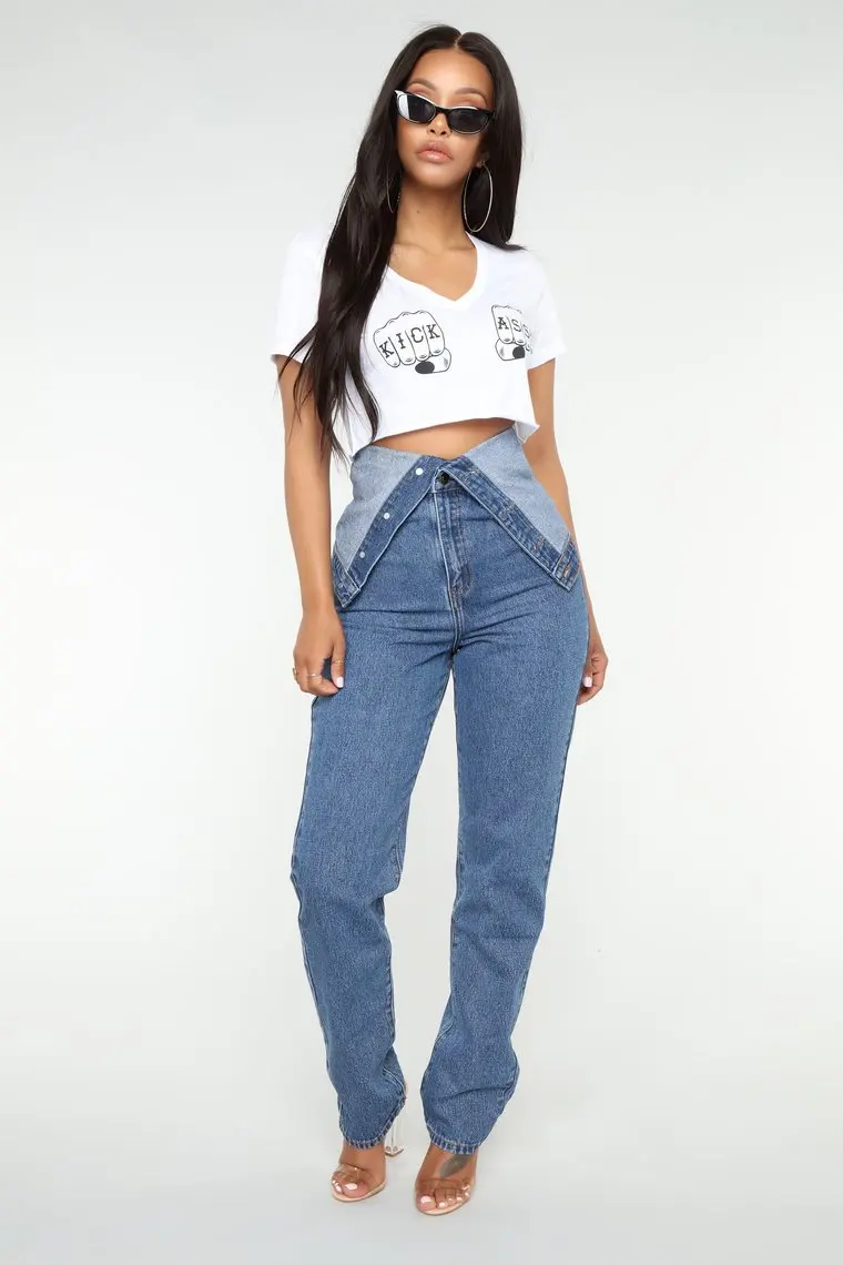 Fashion Oem Foldover Waist Boyfriend Denim Style Jeans Women