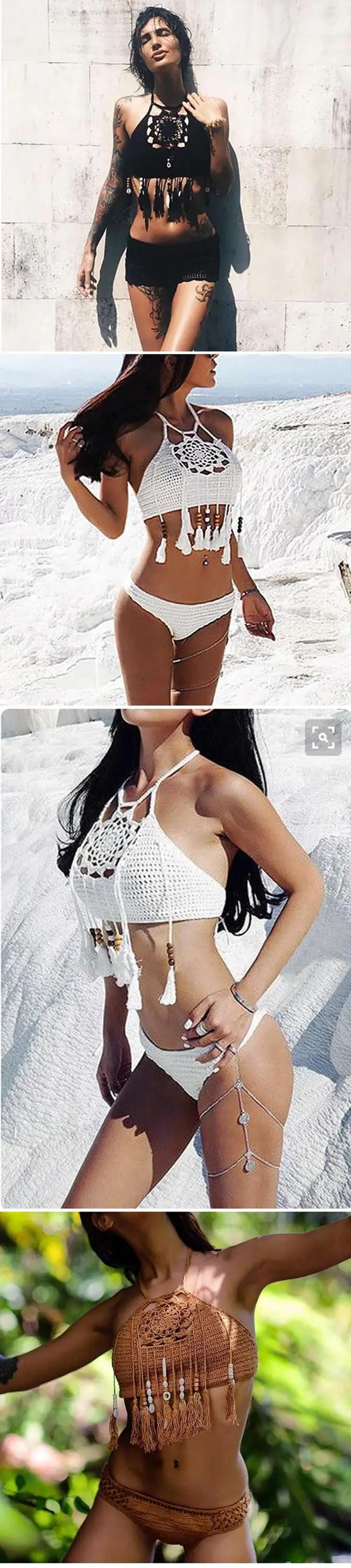 Hot sale high quality Australian fashion GIRL SEXY beachwear handmade tassel halter swimsuit tops crochet women bikini