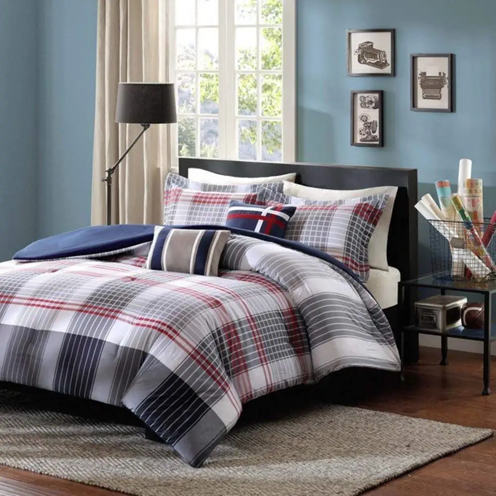 5 Piece Red Dark Blue Grey Madras Plaid Comforter Full Queen Set, All Over Multi Glen Checkered Bedding, Tartan Check Stripe Lodge Cabin Themed, Country Woven Pattern, Burgundy Light Gray Navy White