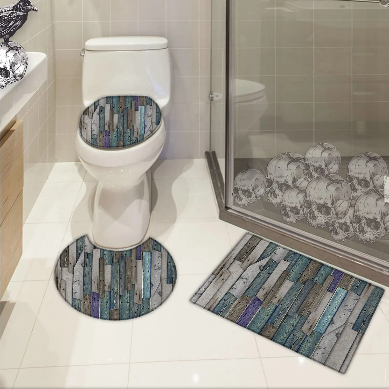 Buy Wooden 3 Piece Bathroom Rug Set Blue Grey Grunge Rustic Planks Barn