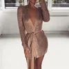 2018 lady fashion new V collar knitted cardigan dress, rose gold nightclub sexy bag hip dress.