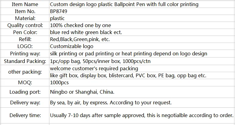 Custom design logo plastic Ballpoint Pen with full color printing