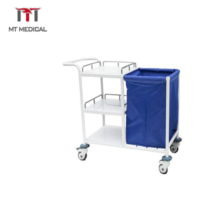 Stainless Steel Medical Hospital Cleaning Laundry One Bucket Three Shelves Moving Trolley Cart