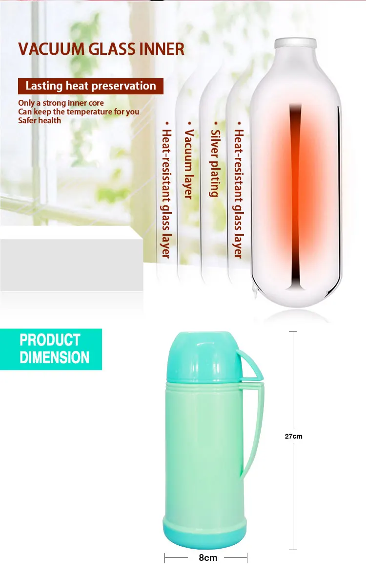 Thermos Flask 1 Litre Plastic Shell Glass Liner Blue Vacuum Flask With